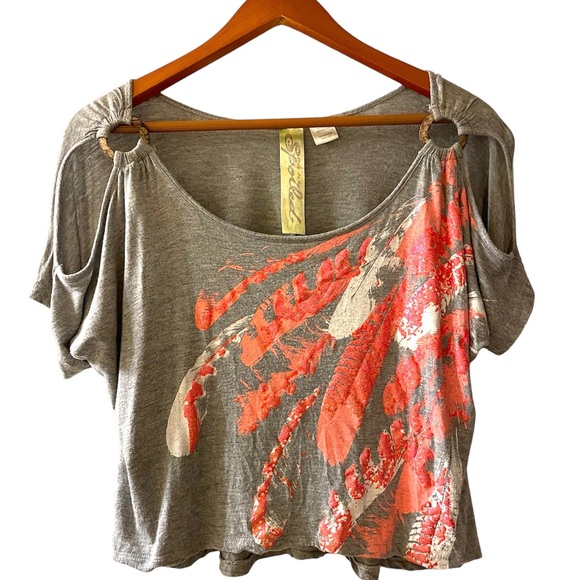 Spoiled brand grey shirt with orange & white feathers w/ matching tank. Size L - Picture 5 of 13